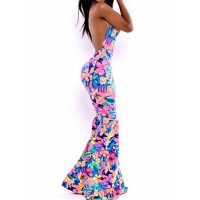 Sexy Style Off The Shoulder Sleeveless Backless Floral Print Mermaid Dress For Women